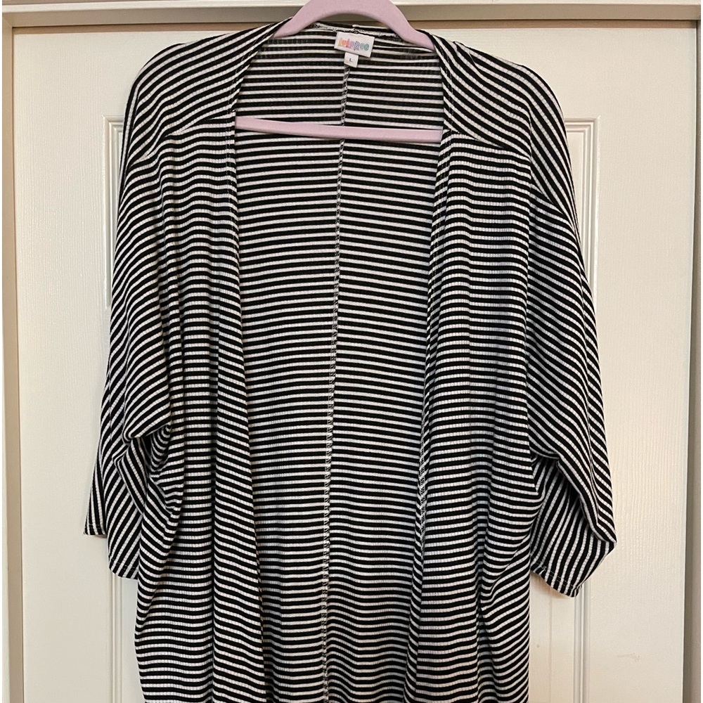 LuLaRoe Large Black and White Draped Open Front Cardigan.